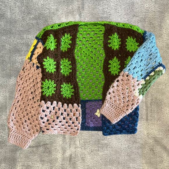 Crochet Handmade Colorful Retro Sweater Cardigan - Picture 1 of 6